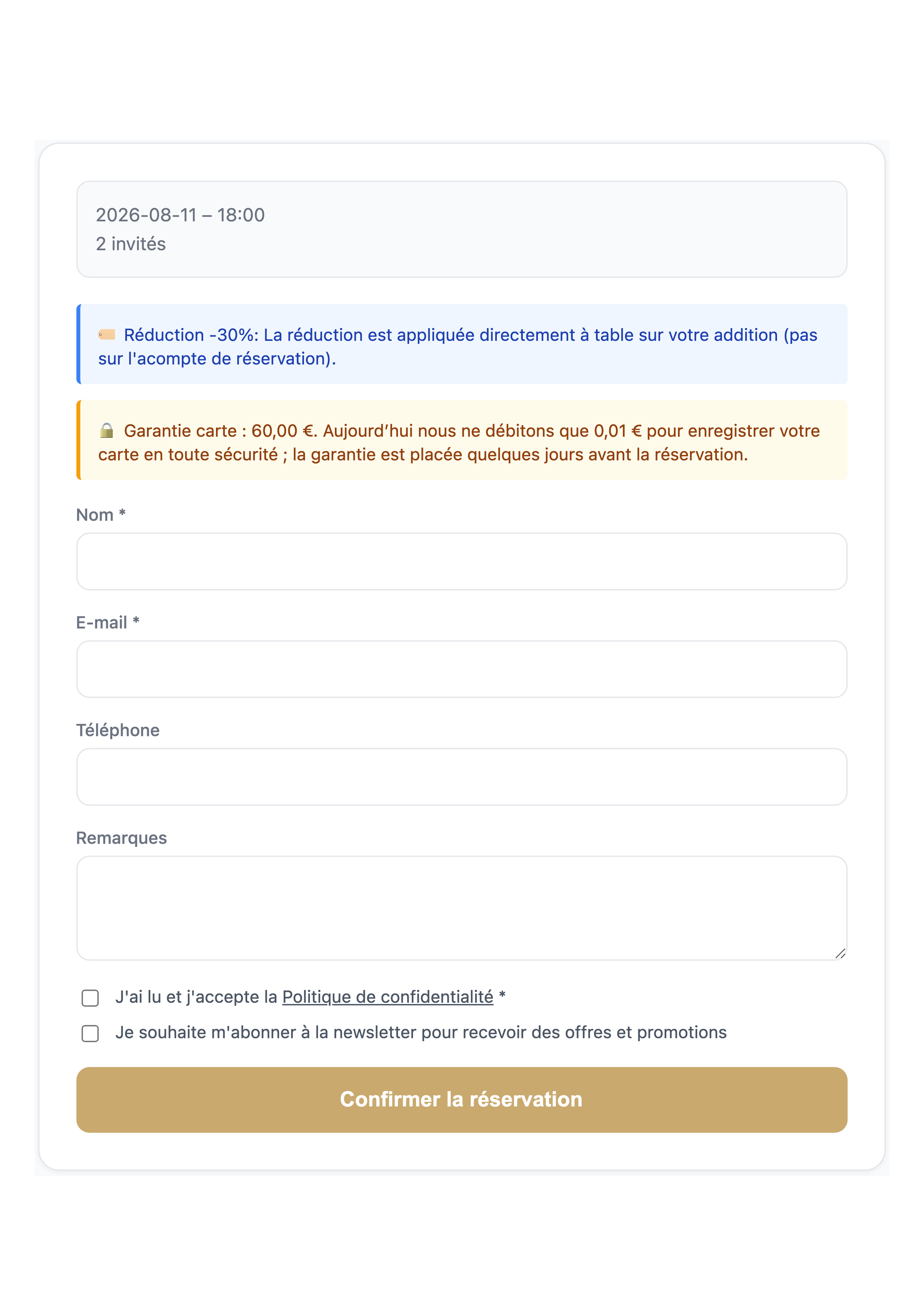 La garantie no-show, expliquée au client : un centime aujourd’hui, le reste est bloqué peu avant.