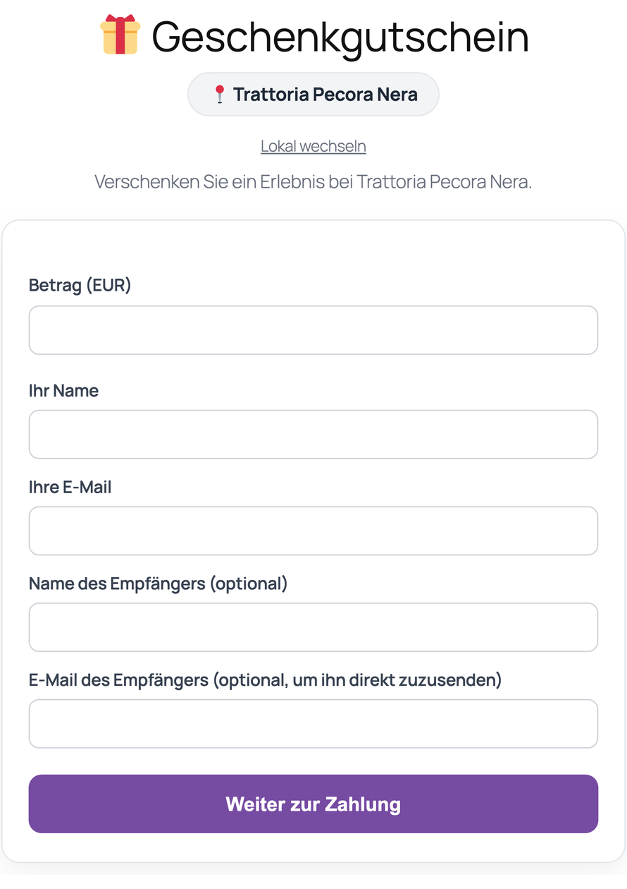 Das Formular der Gift Card: Lokal, Betrag, Empfänger