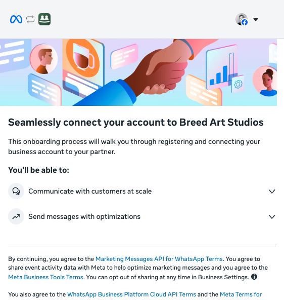 La prima schermata della finestra di Meta: in alto c'è scritto Breed Art Studios, ed è la nostra società